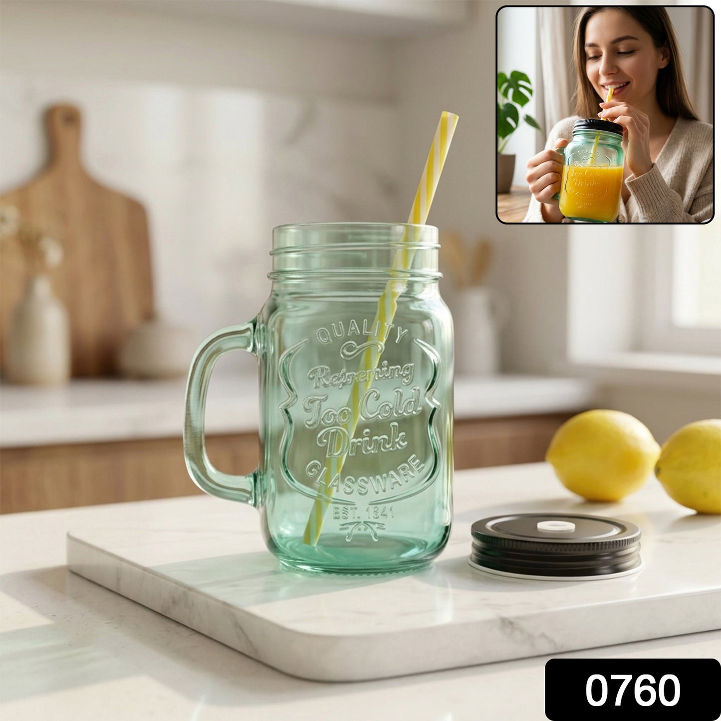 Mason Jar with Handle filled with drink and reusable straw