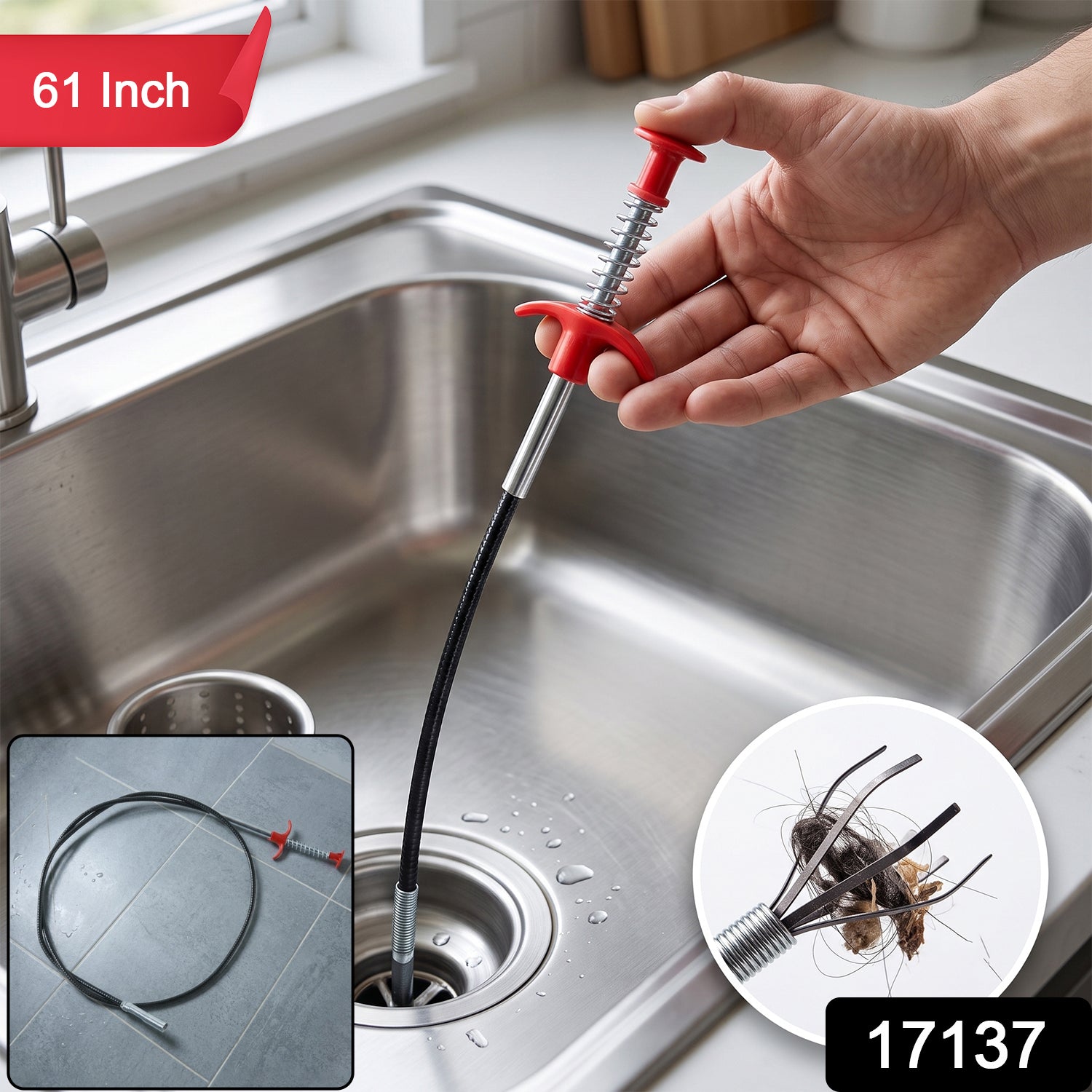 Premium Spring Drain Dredging Tool 61 Inch Sink Cleaner Claw Grabber (1 Pc)