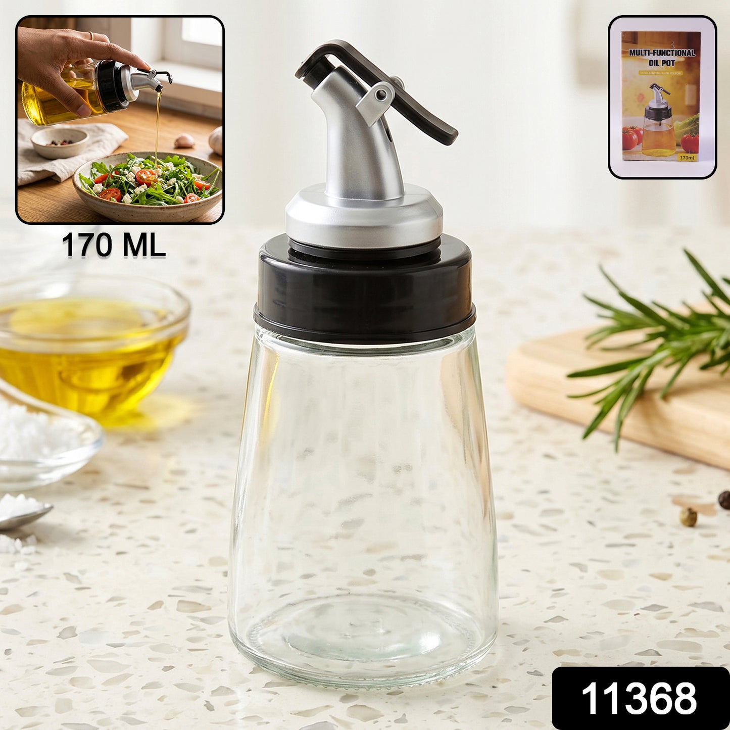 Close-up of glass oil dispenser with flip-top lid and stable base.