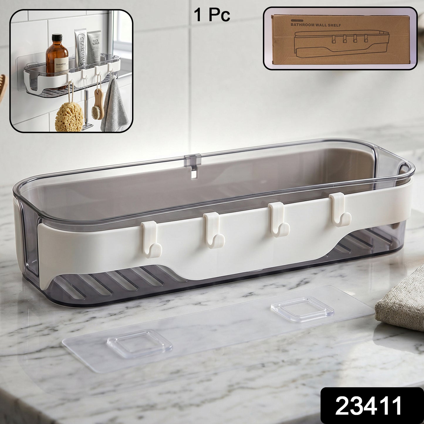Clear plastic wall shelf with hooks, organized bathroom essentials