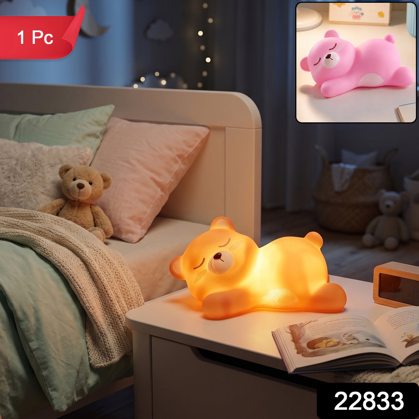 Sleeping Bear LED Night Light, Cute Silicone Bedside Lamp for Kids (1 Pc)