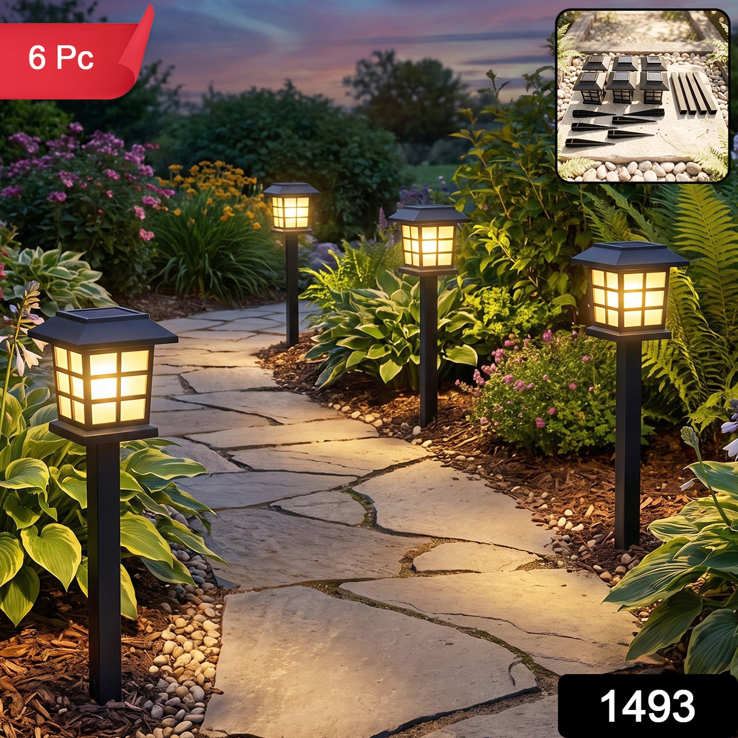 A garden path is lit by four black solar lanterns, with a small inset showing the 6 Pc components.