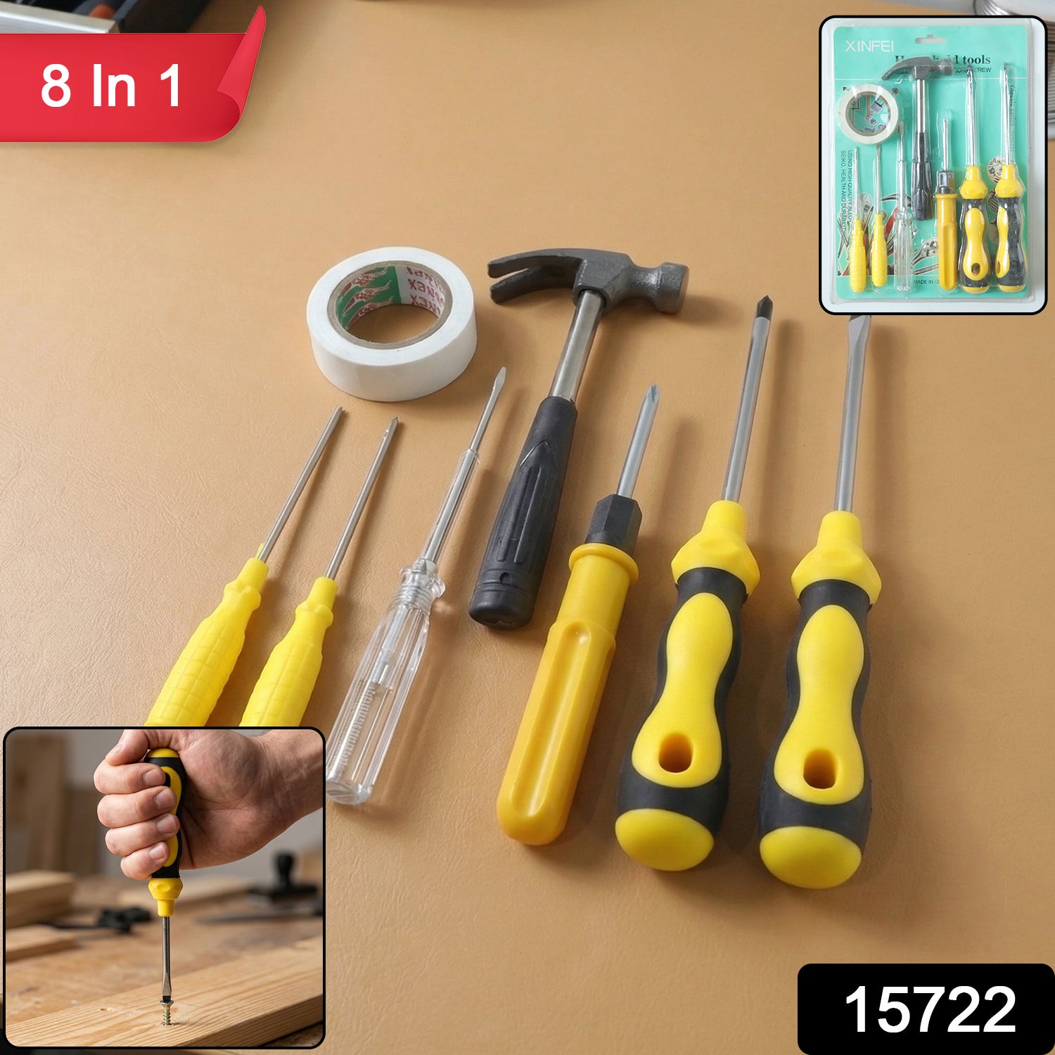 8 In 1 Hand Tool Kit Set, Screwdriver Hammer Repair Tool Kit (1 Set,  Mix Color Tap)