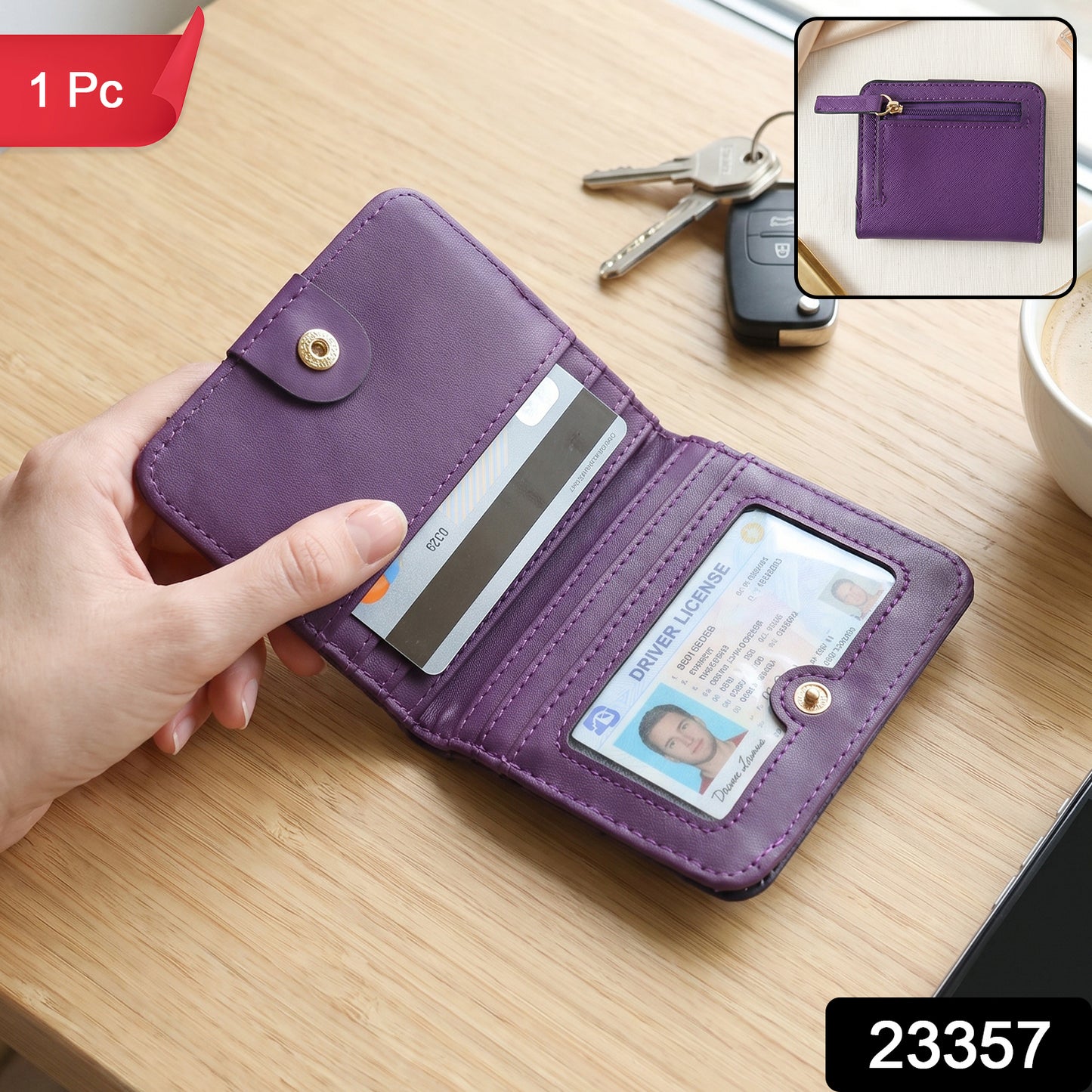 Compact PU Leather Bifold Wallet with Coin Zip Card Slots and ID Window (1 Pc)