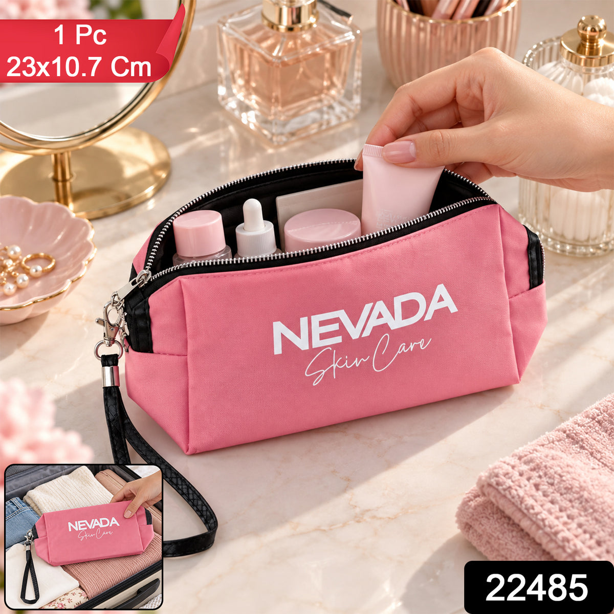 Cosmetic Pouch with Zipper Closure and Detachable Wrist Strap (1 Pc, 23x10.7 Cm)