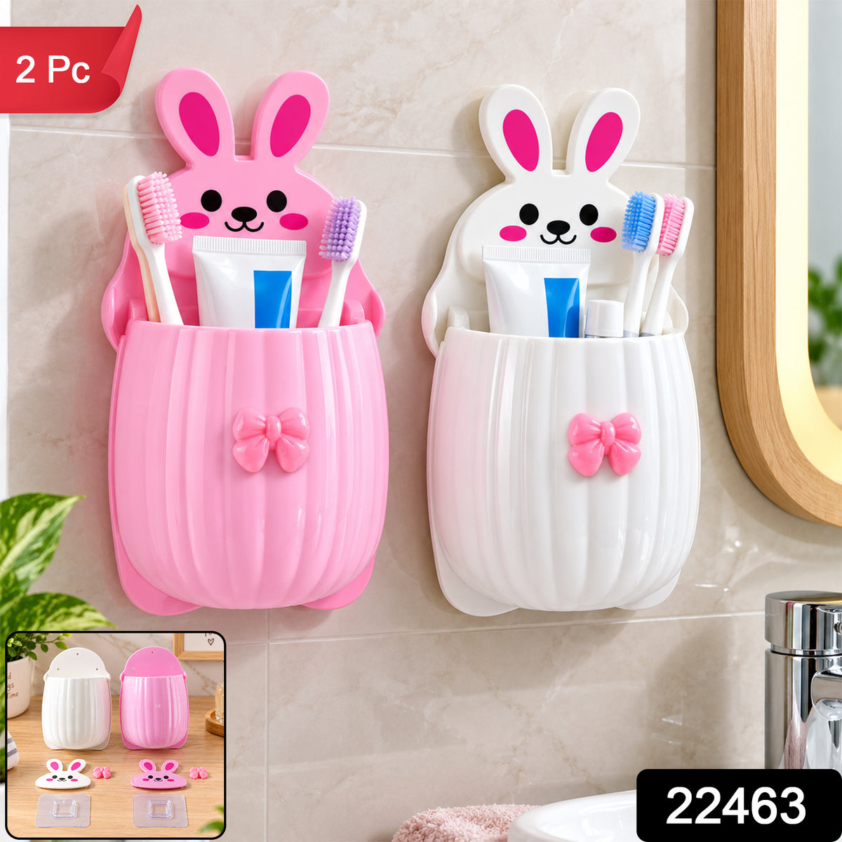 Pink and white rabbit organizers on a tiled wall, with a small inset showing disassembled components.