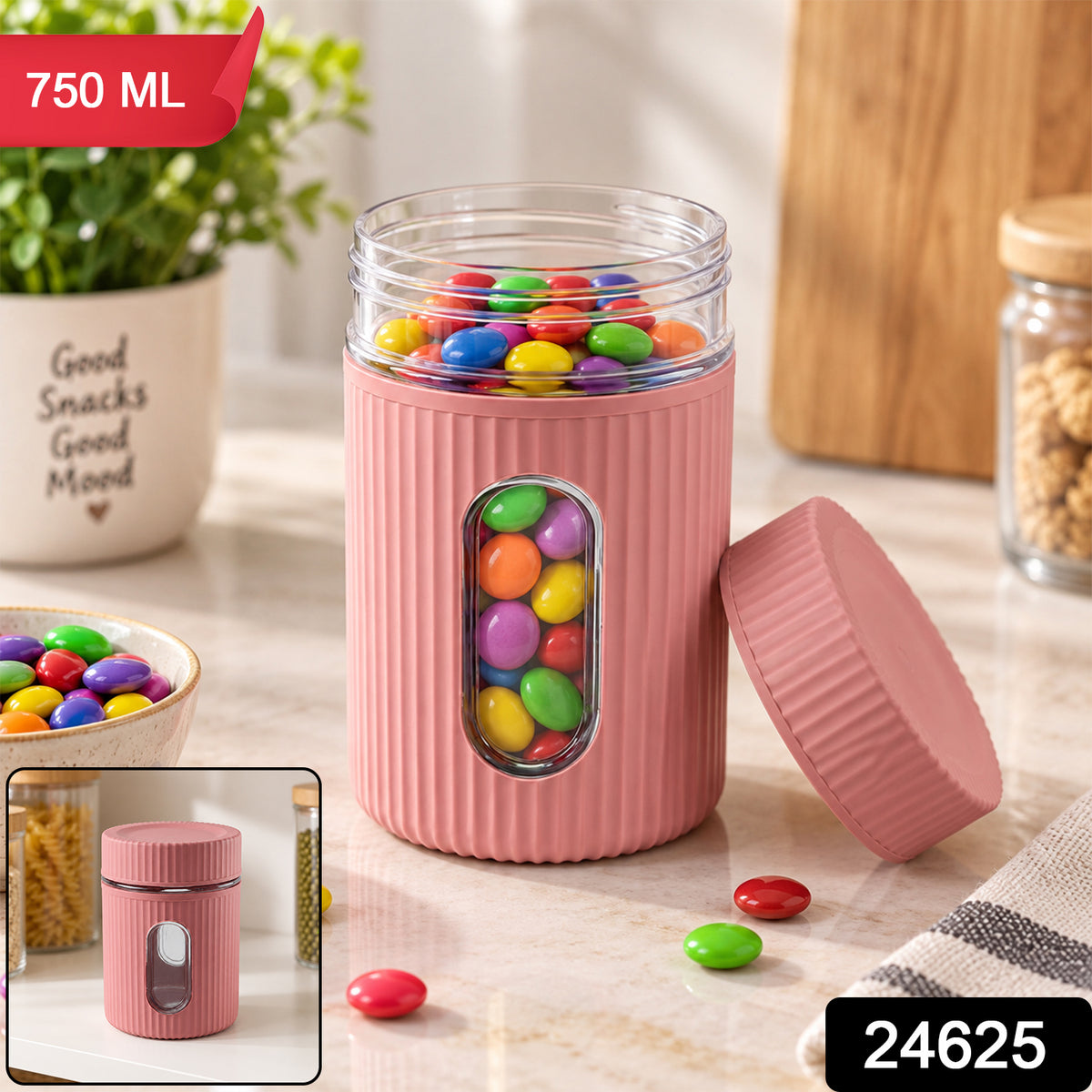 A pink ribbed storage jar with a clear window displaying colorful candies, with a small inset image of the jar.