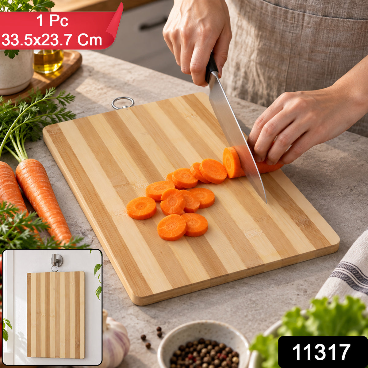 A person slices carrots on a striped bamboo board, surrounded by fresh vegetables and herbs on a kitchen counter.