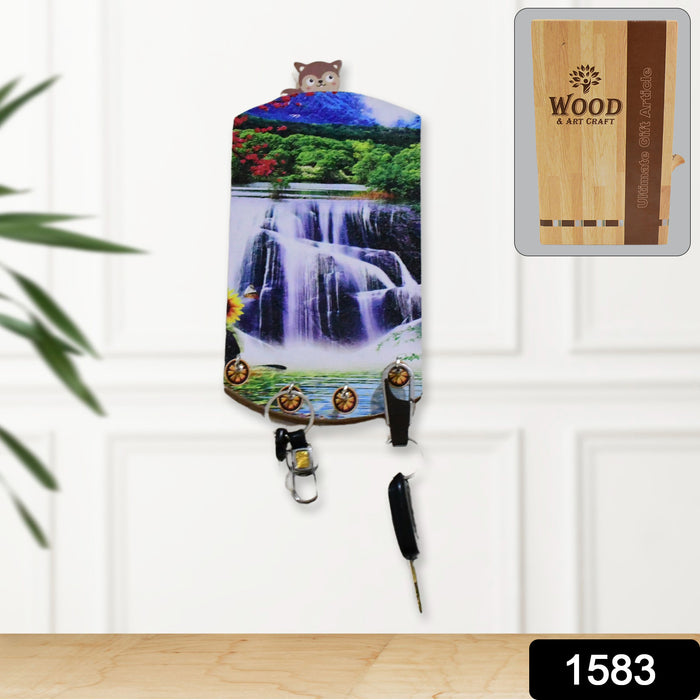 Artistic wooden vertical scenery with hooks for decor.