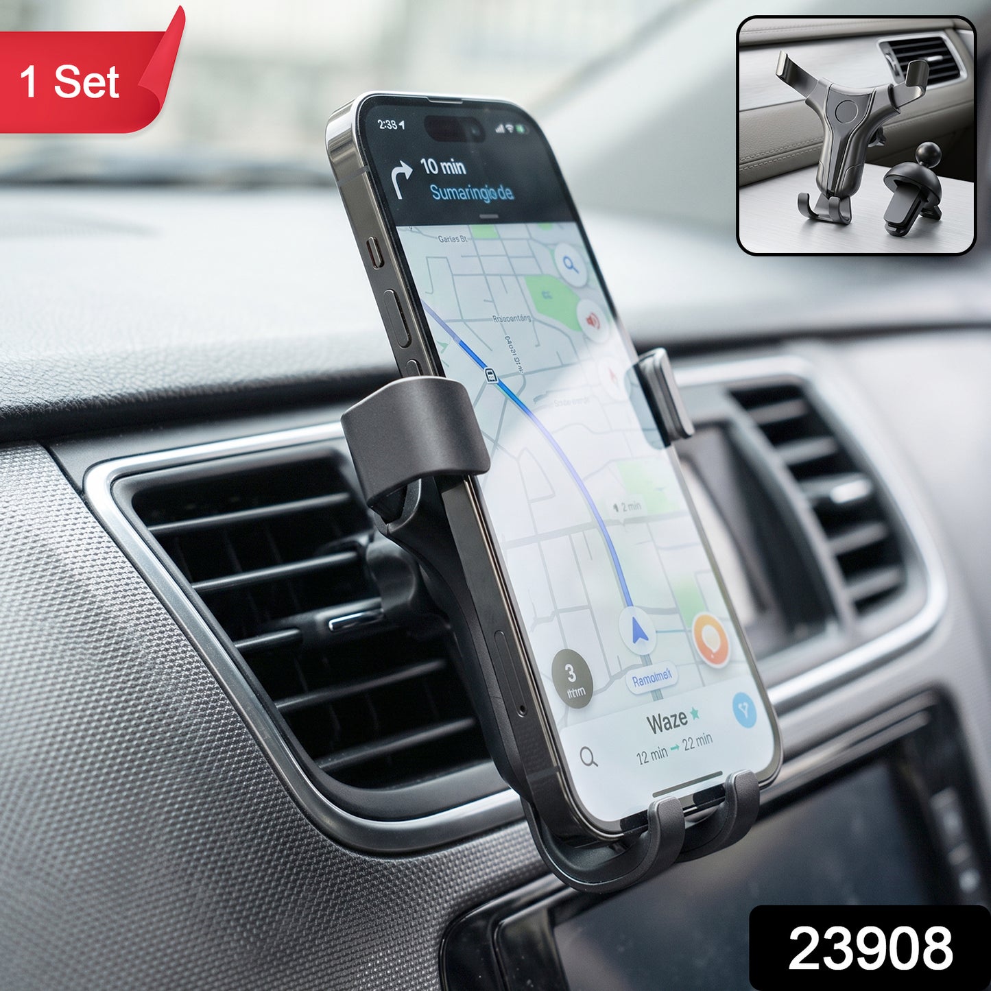Air vent car phone mount with auto locking arms, 1 piece