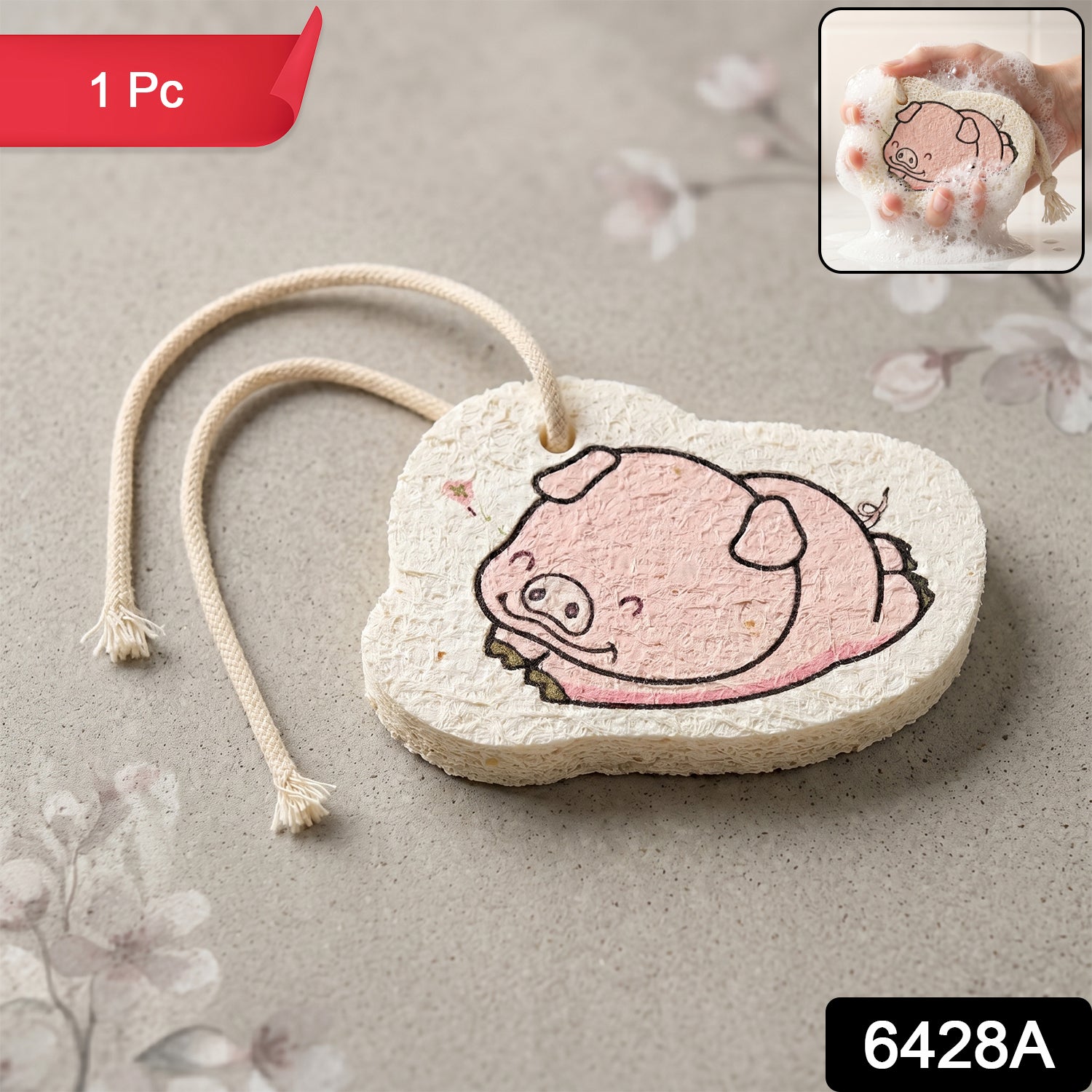 Close-up of cartoon printed bath scrubber sponge hanging rope detail