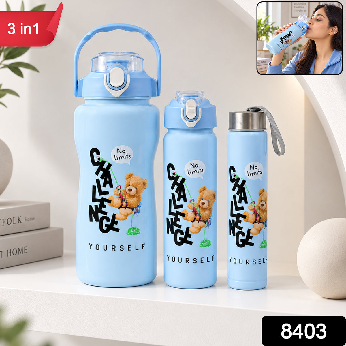 Three light blue water bottles with a teddy bear graphic, with an inset of a woman drinking from one bottle.