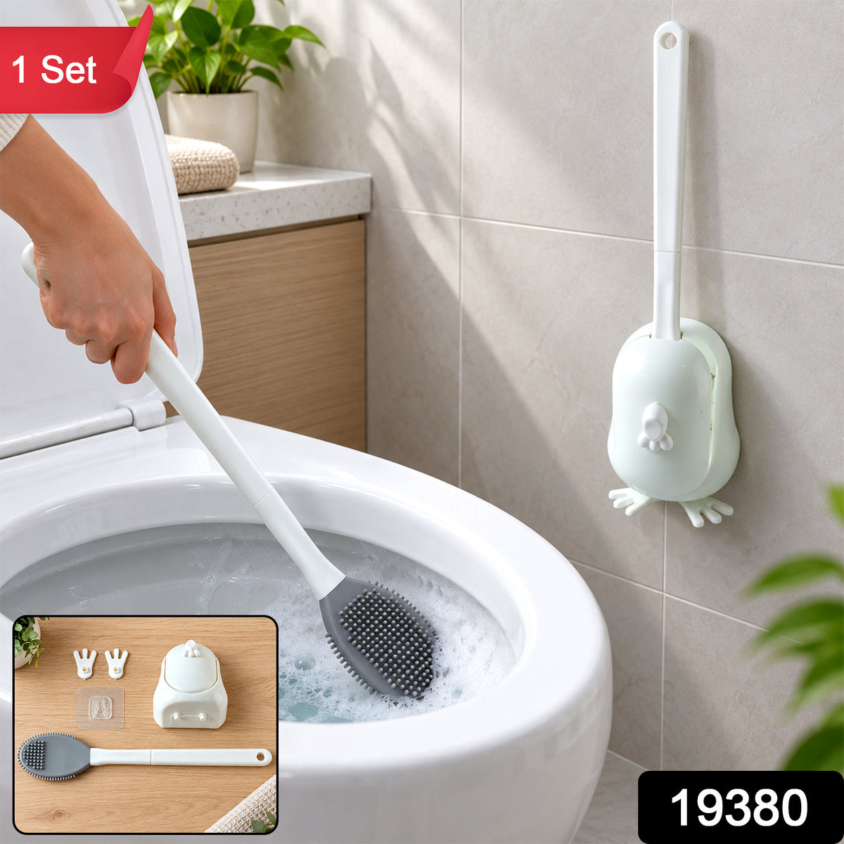 Toilet Cleaning Brush Set with Silicone Bristles and Wall Mounted Storage Holder