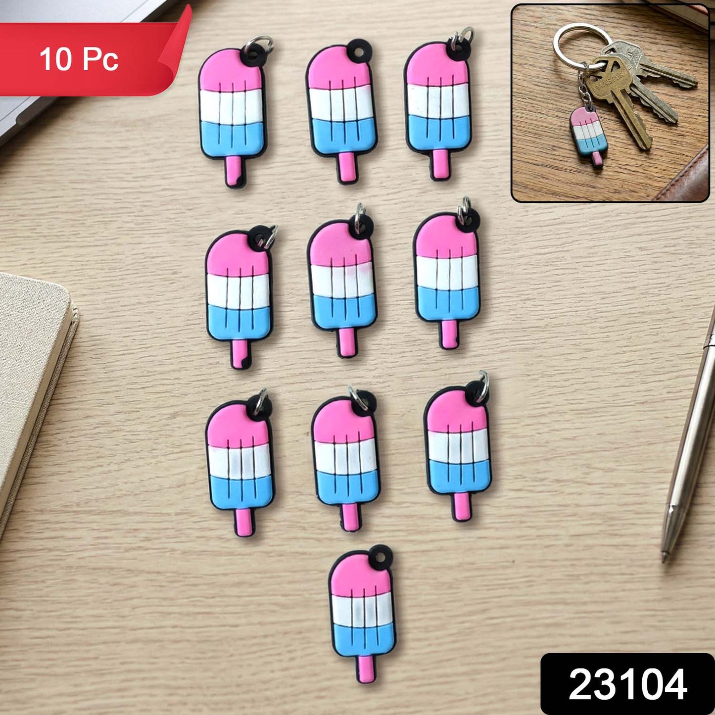Colorful ice cream keychain set display