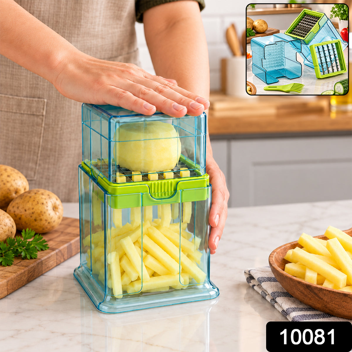 A person's hands press a potato through a green and blue plastic chopper, creating fries in a kitchen. – view 2