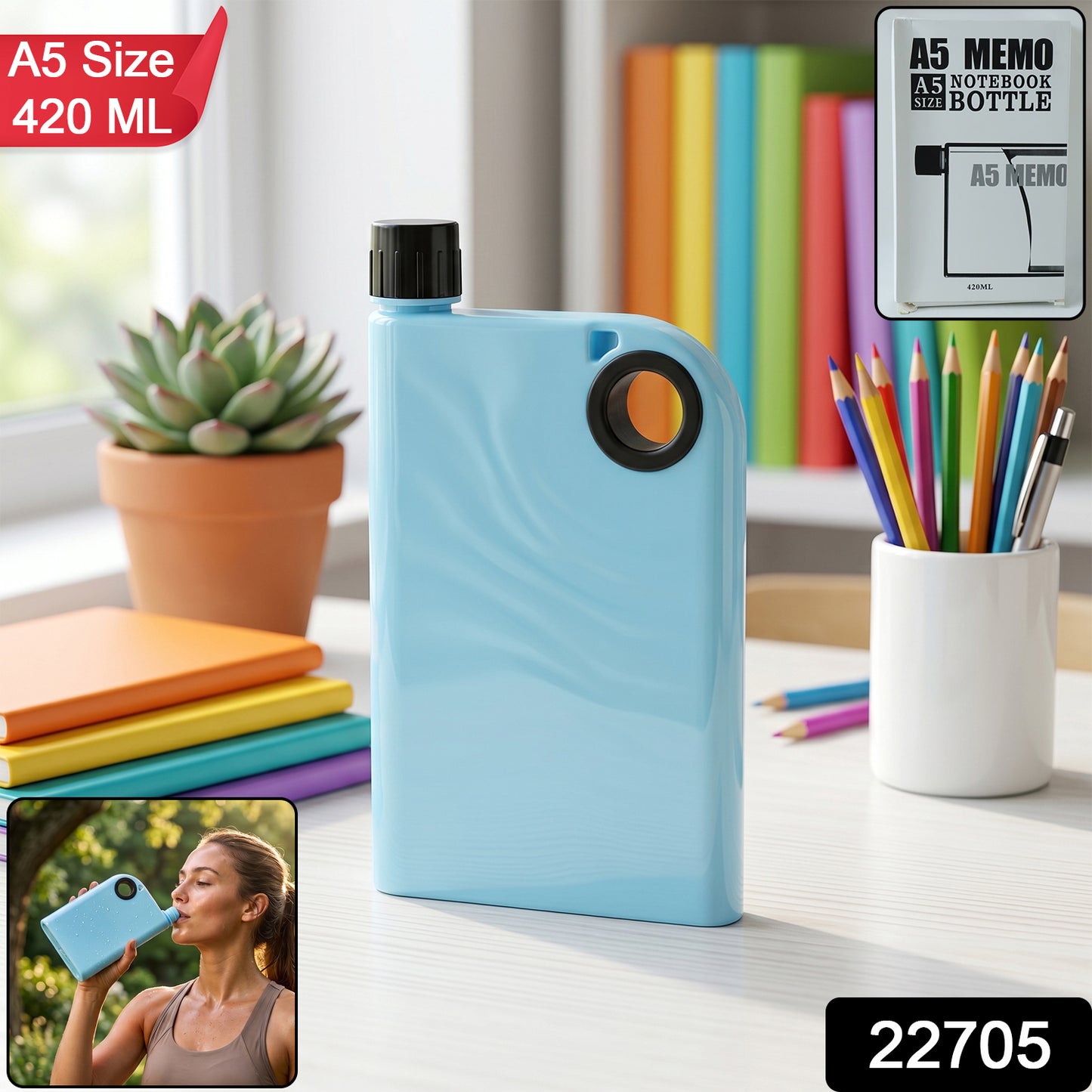 Blue portable water bottle with flat notebook shape and screw cap
