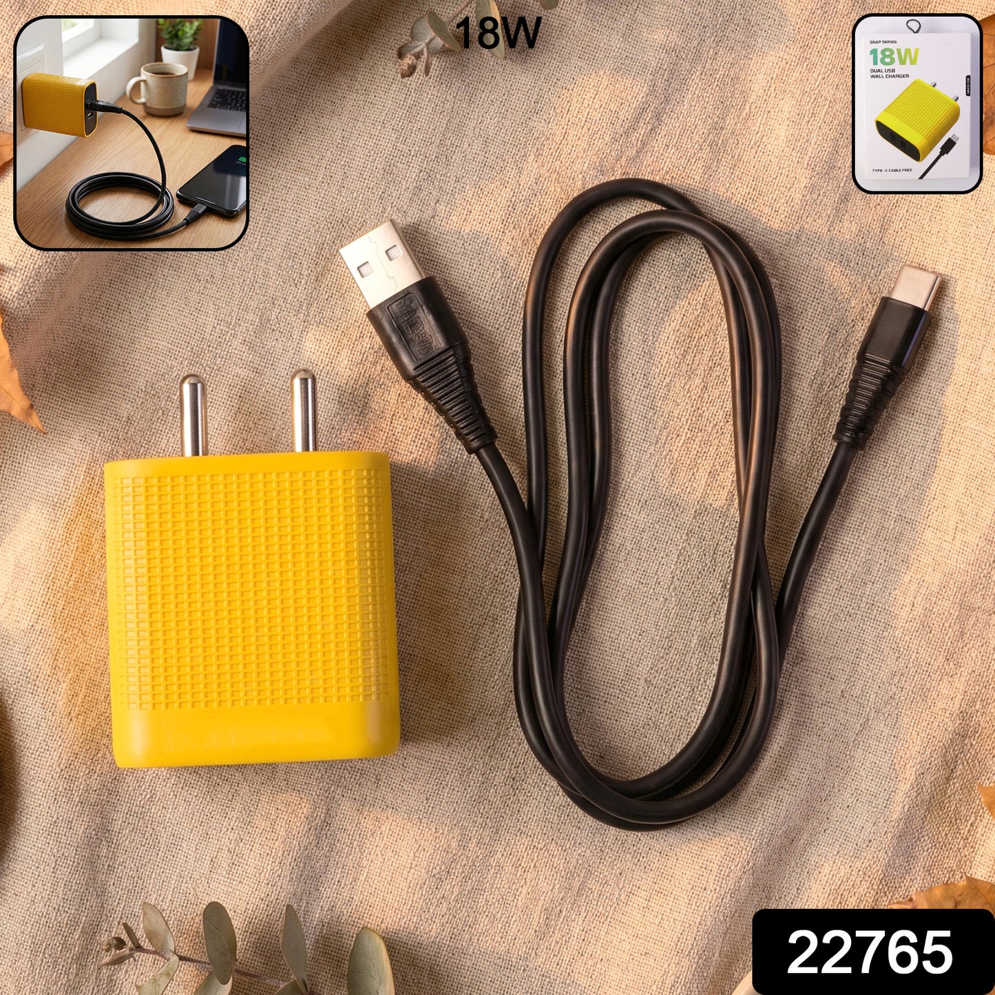 18W Dual USB Fast Charging Wall Charger Adapter with Free Type C Cable