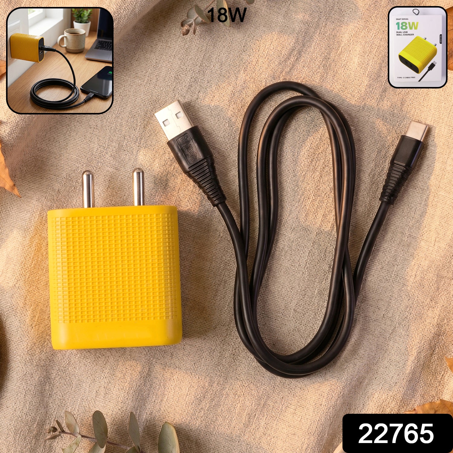 18W Dual USB Fast Charging Wall Charger Adapter with Free Type C Cable