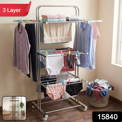 Stainless Steel Clothes Drying Stand – Foldable 3-Layer Rack with Wheels