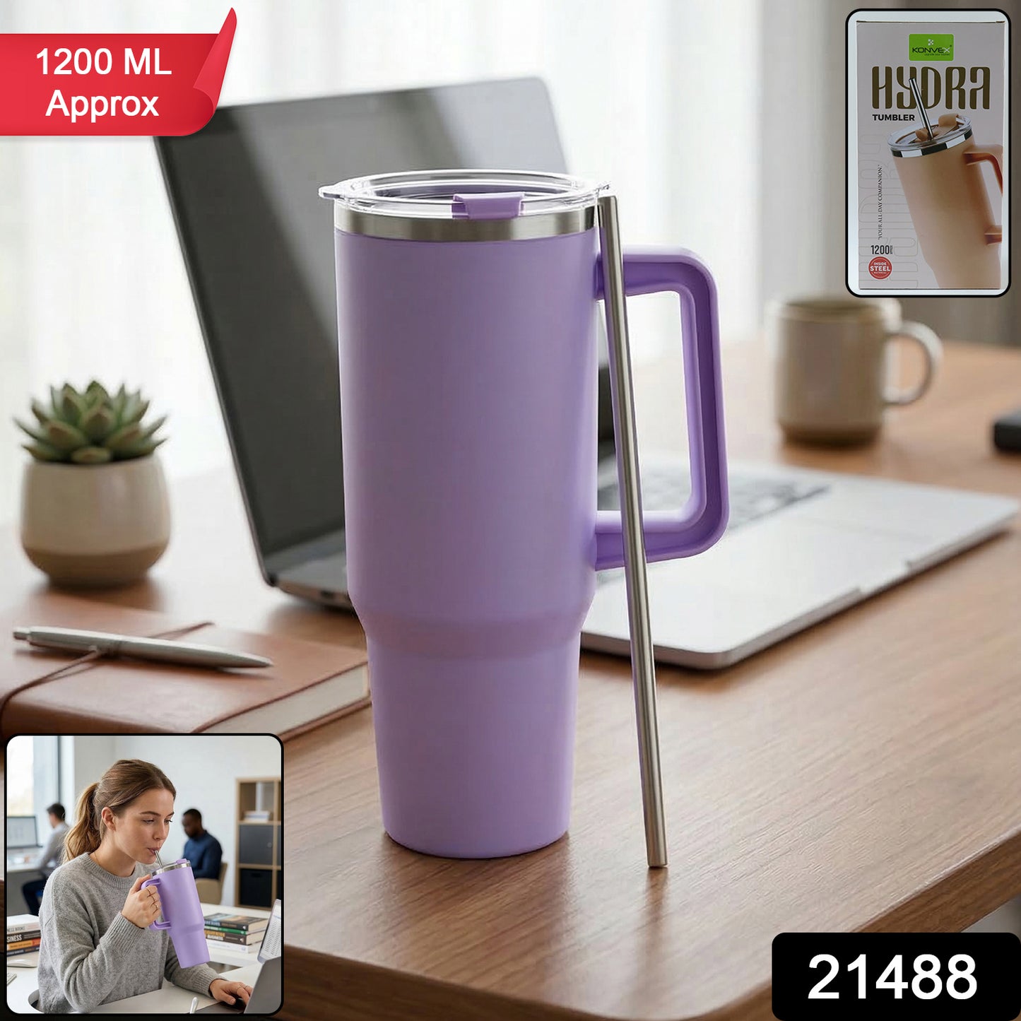 Steel travel insulated mug with handle and straw