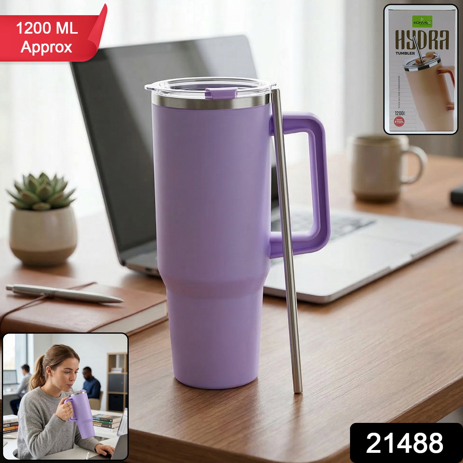 Steel travel insulated mug with handle and straw