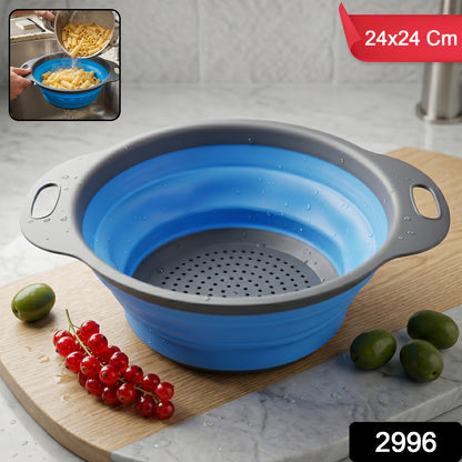 Folded silicone colander showing space-saving design in kitchen.
