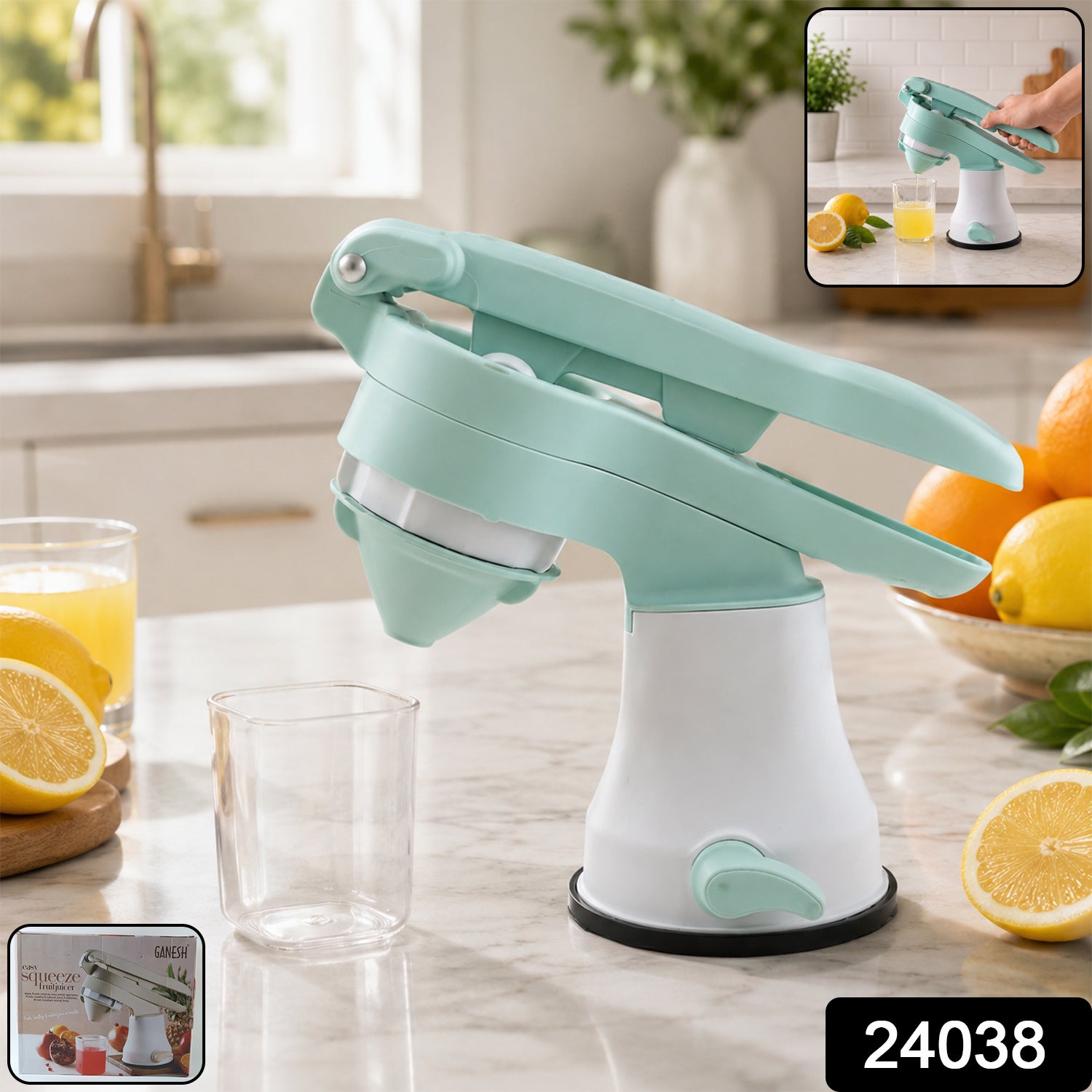 Manual juicer side angle showing handle