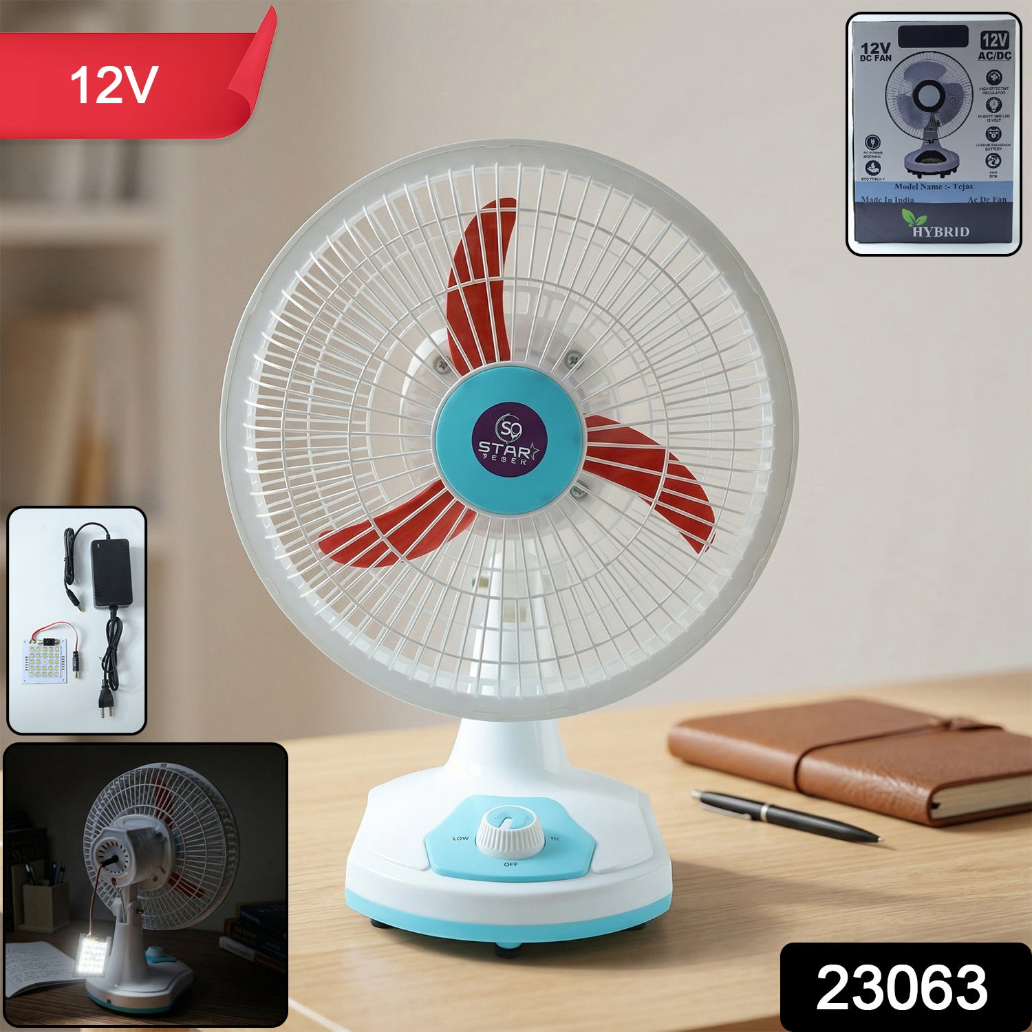 Portable rechargeable table fan with built-in light