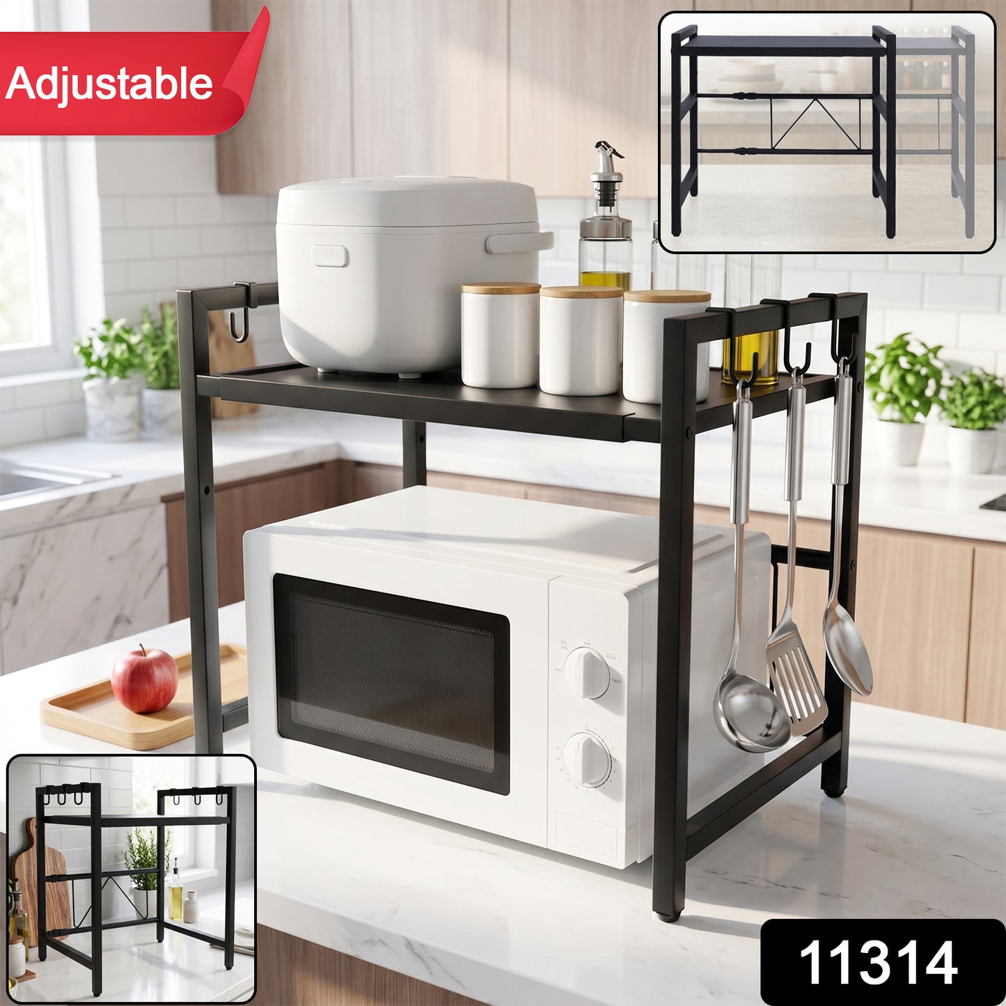 Adjustable Microwave Oven Storage Rack Metal Kitchen Shelf with Hooks (1 Pc)