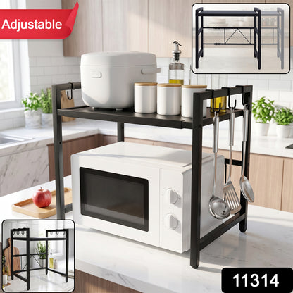 Adjustable Microwave Oven Storage Rack Metal Kitchen Shelf with Hooks (1 Pc)