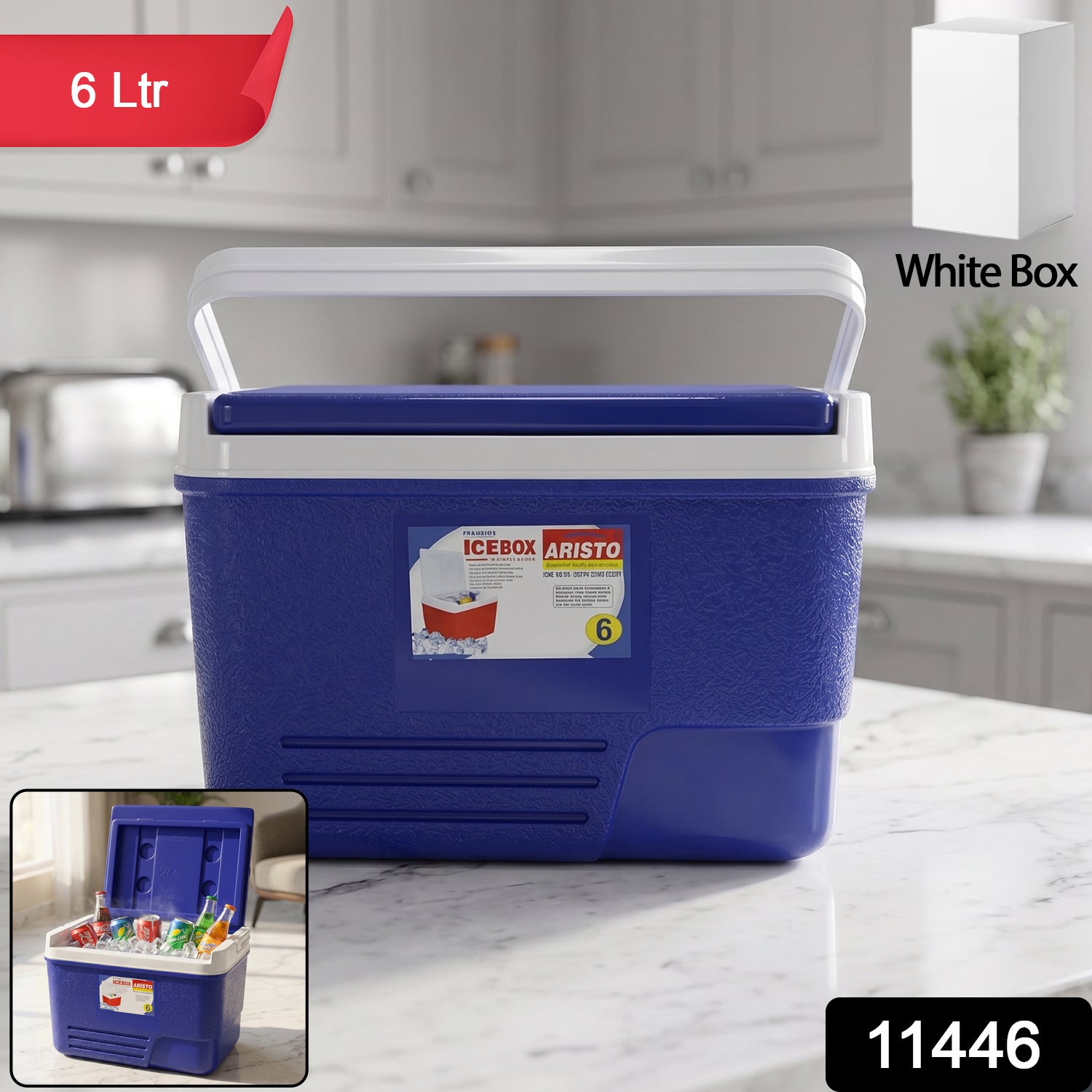 Blue insulated ice cooler box for outdoor travel
