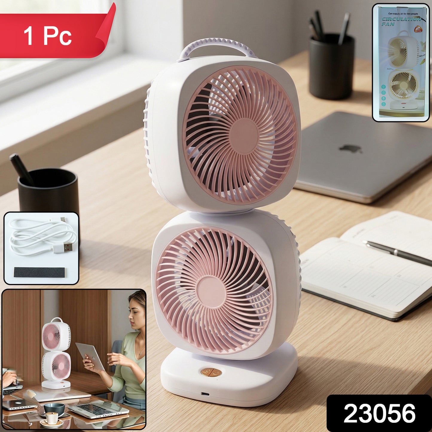 Portable USB rechargeable dual head desk fan