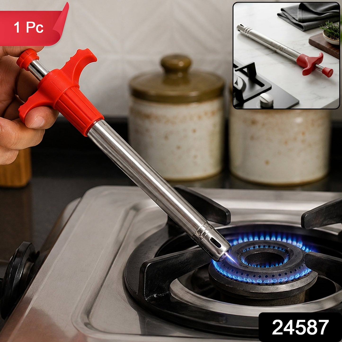 Apex Stainless Steel Gas Lighter with Trigger Grip for Kitchen Stove (1 Pc)