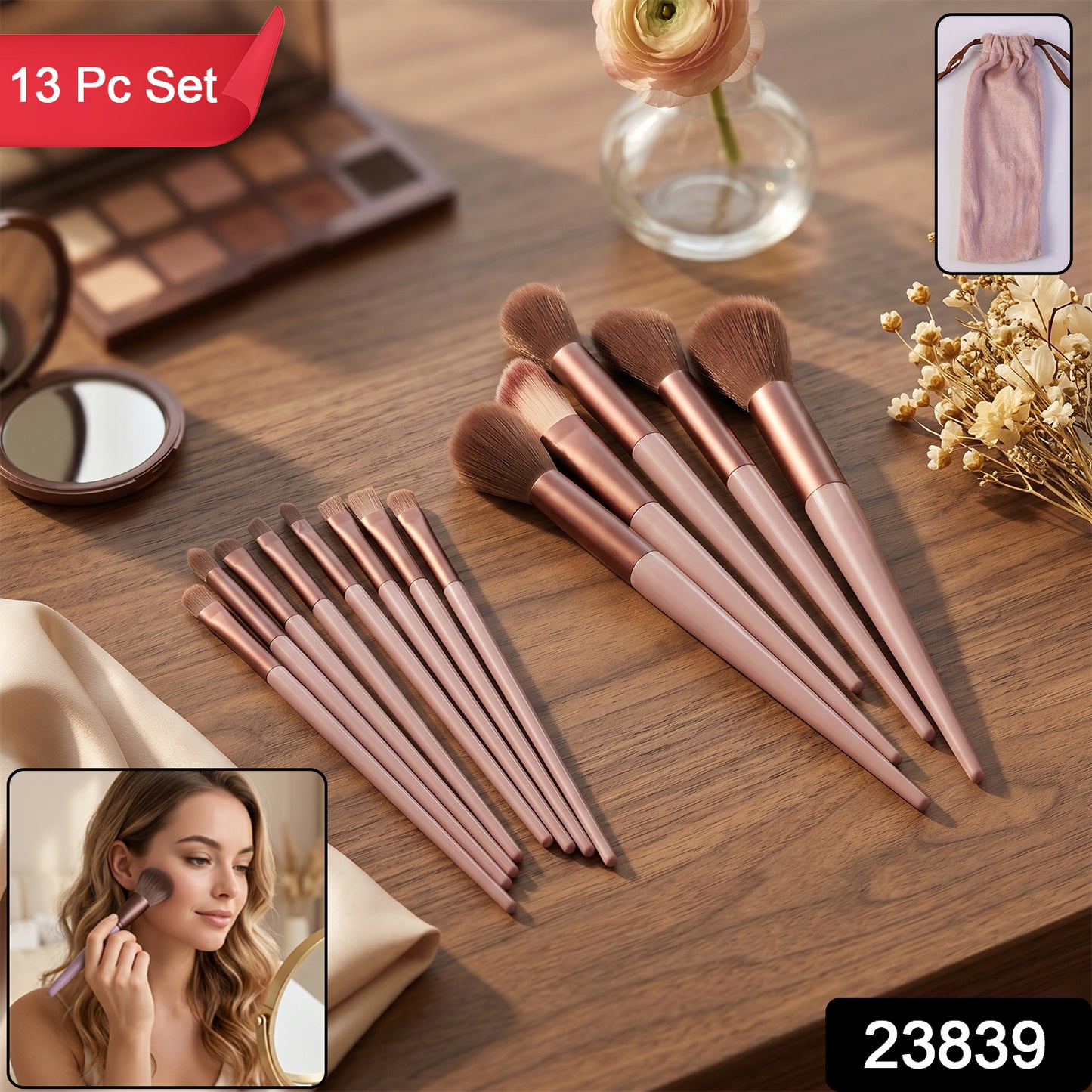 Professional Makeup Brush Set with Pouch Soft Synthetic Bristles (13 Pc Set)