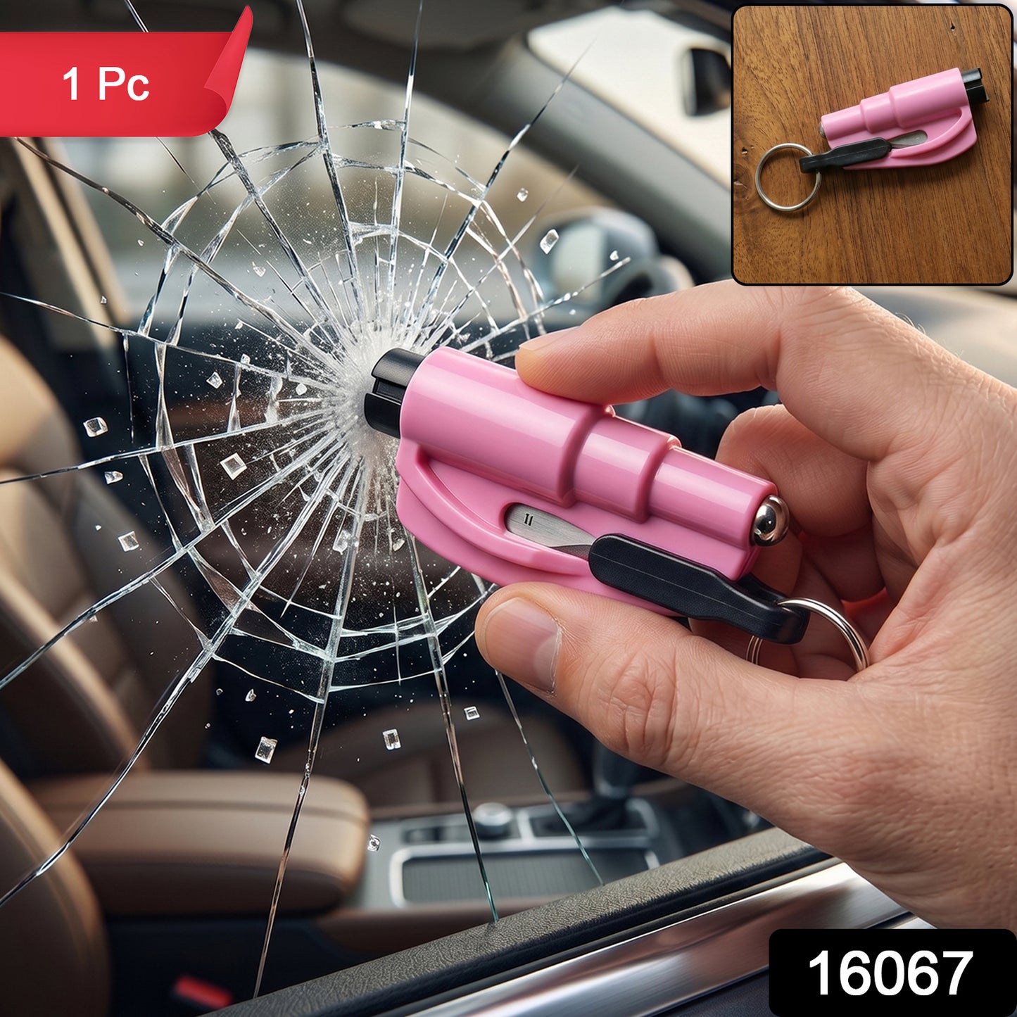A hand uses a pink emergency tool to shatter a car window, with a "1 Pc" label in the corner and a small inset image.