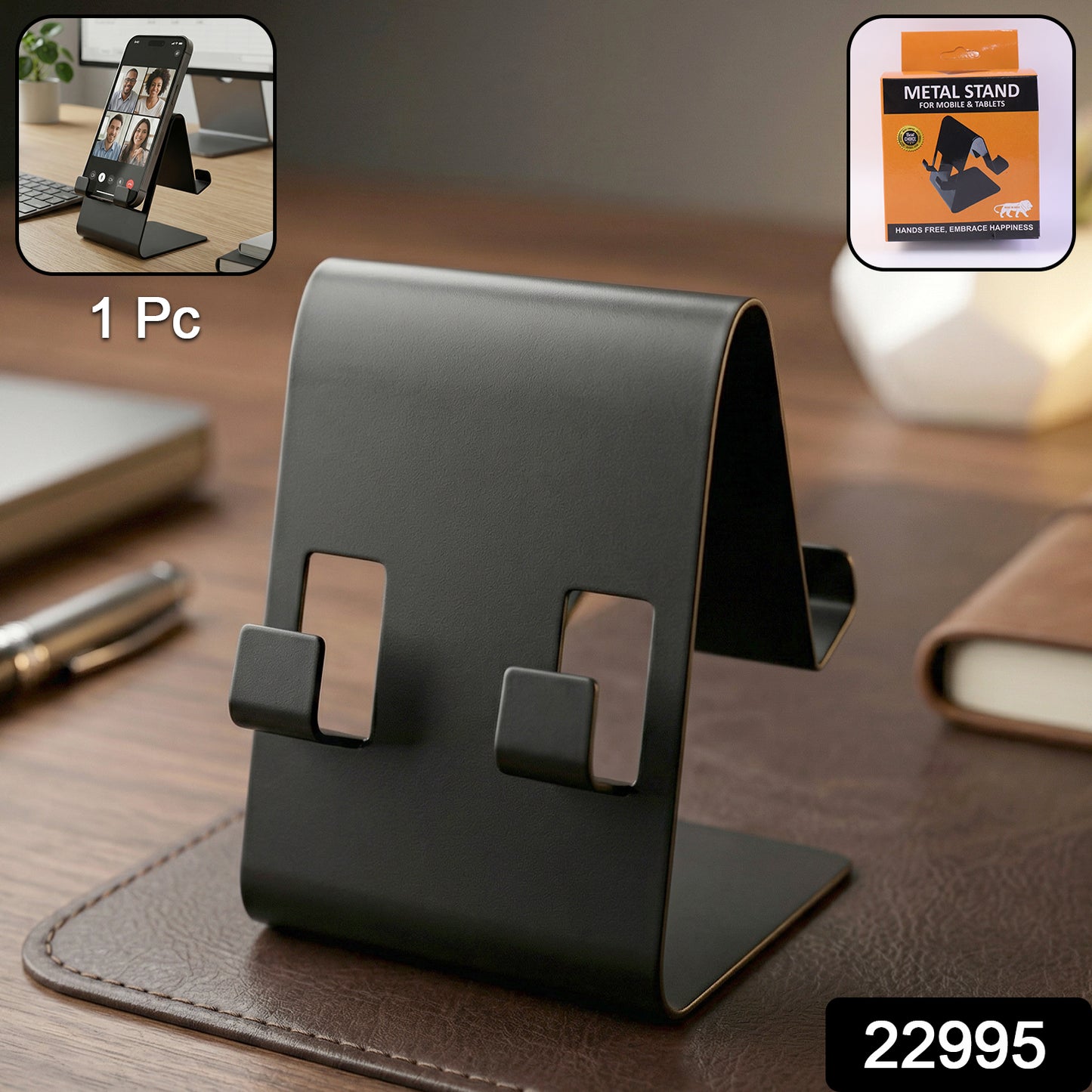 Black metal phone holder stand on desk