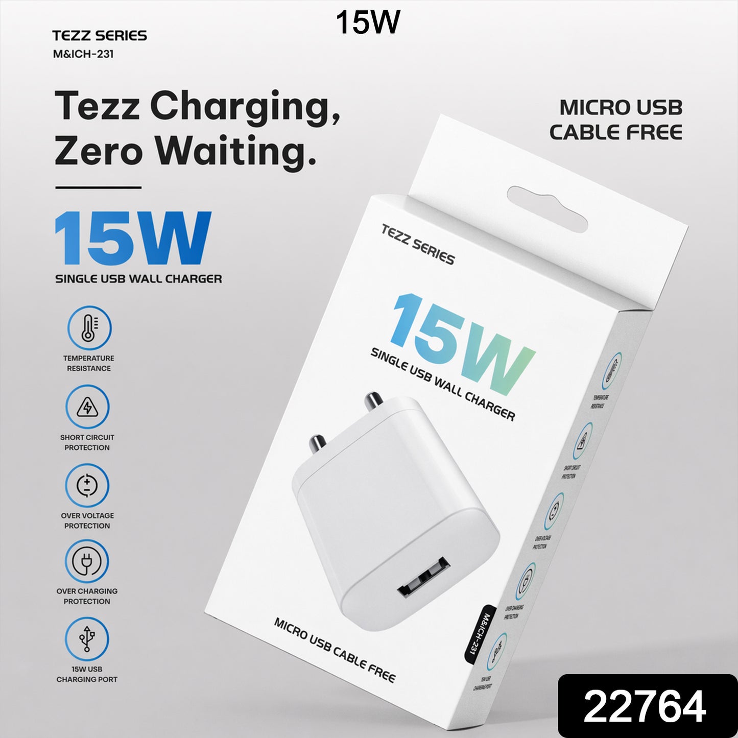 Tezz Series 15W Single USB Wall Charger with Micro USB Cable