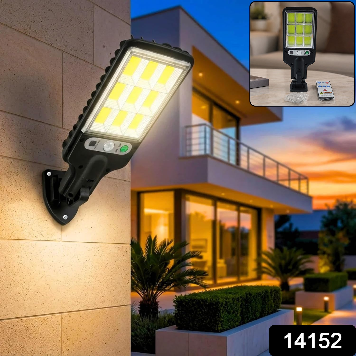 A black solar LED street light with a motion sensor is mounted on a light-colored brick wall, illuminating modern house