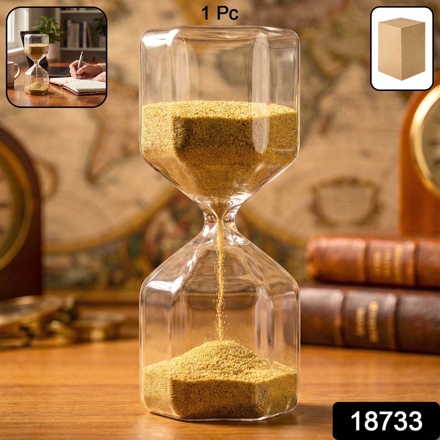 Glass sand timer hourglass shown from side with yellow sand