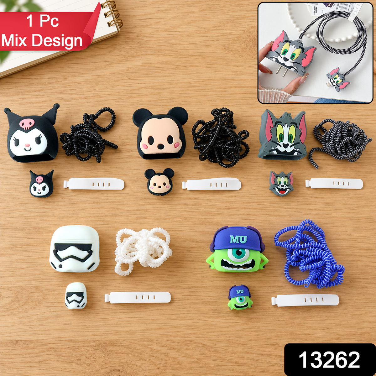 Various cartoon character silicone charger and cable protectors, and cable organizers, displayed on a wooden surface.