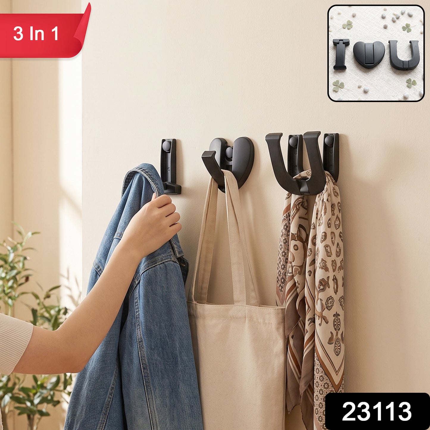 Premium Heavy Duty Wall Hook 3 In 1 Self Adhesive for Clothes Bags (3 Pc)