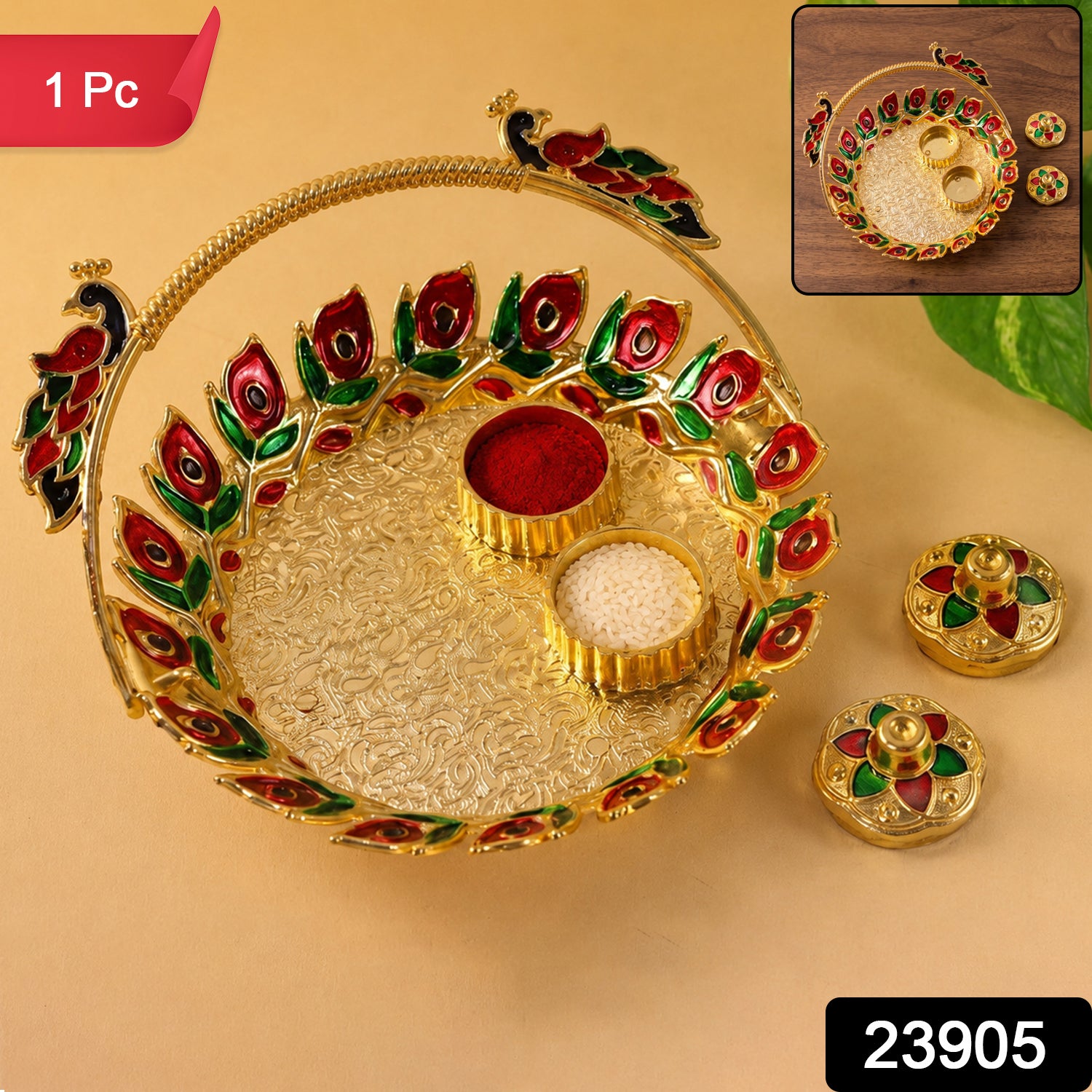 Metal Peacock Handle Kumkum Dish (1 Pc)