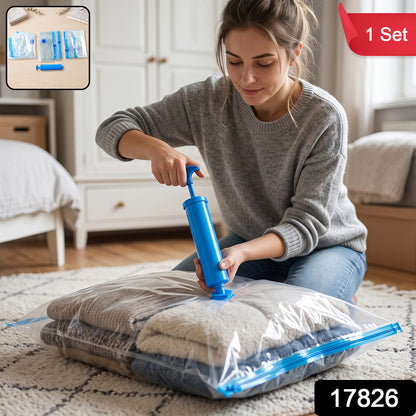 A woman kneels on a rug, using a blue hand pump to compress clothes inside a clear vacuum storage bag. A red label says '1