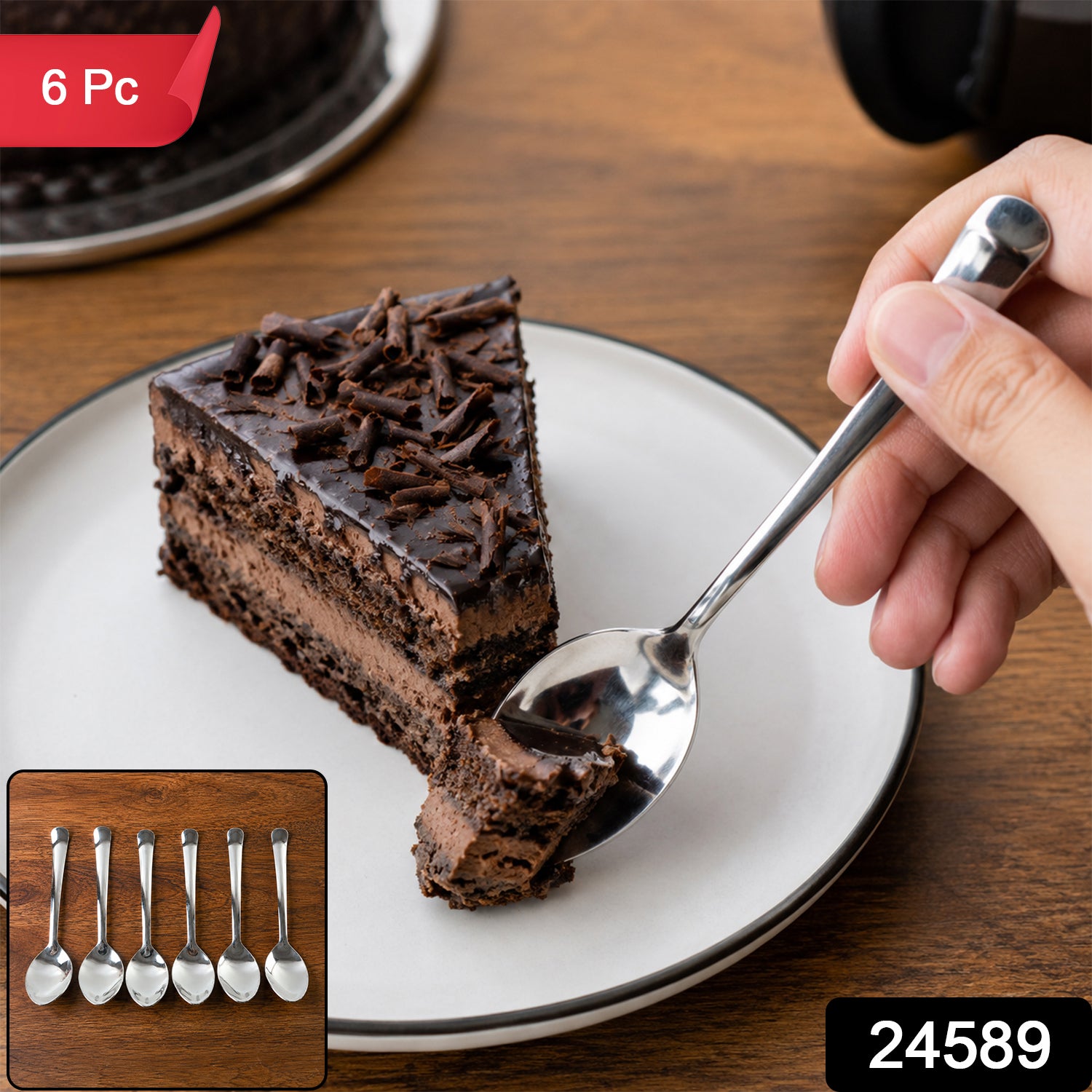 Apex Stainless Steel Dessert Spoon Set with Deep Bowl for Cake (6 Pc)
