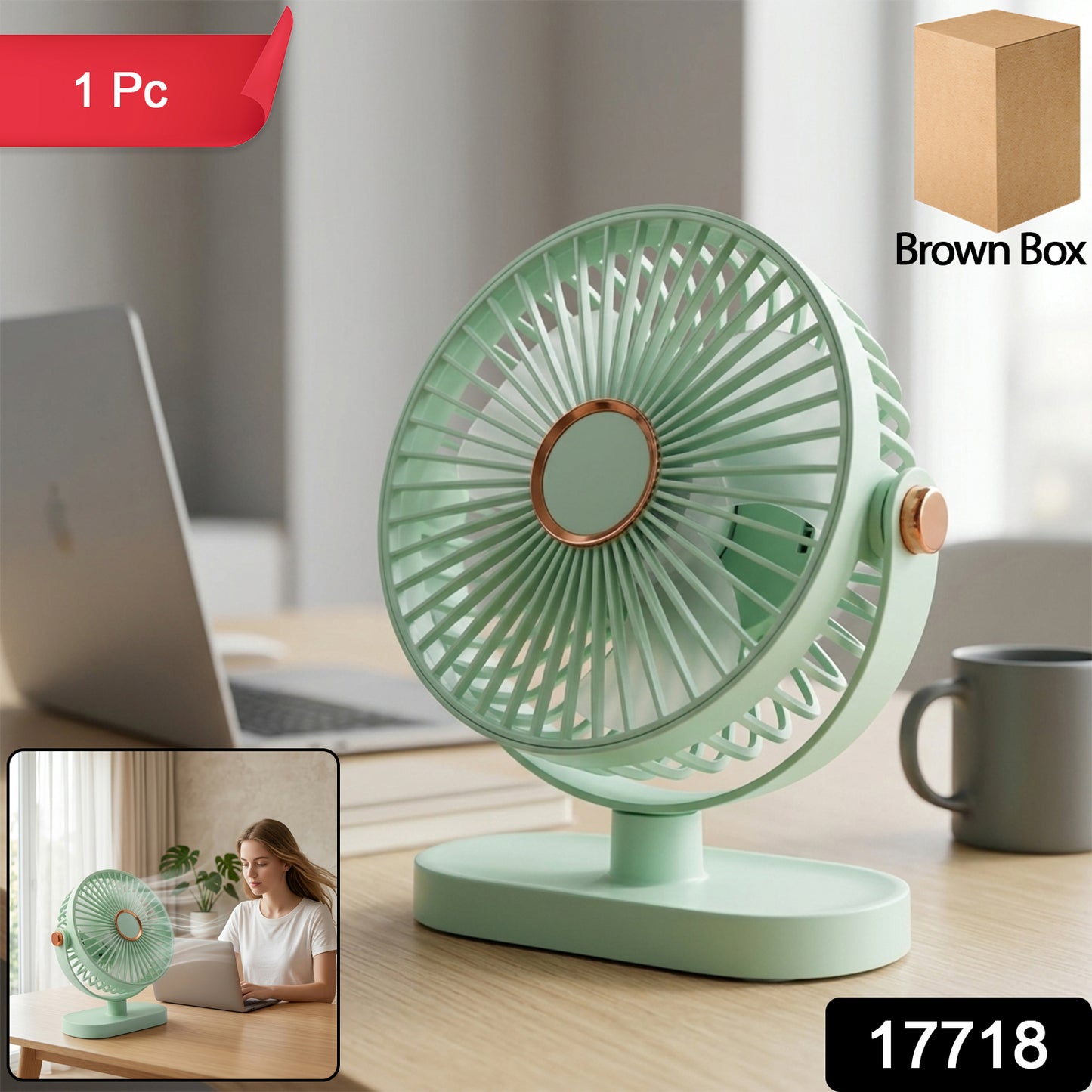 Side view of compact rechargeable desk fan