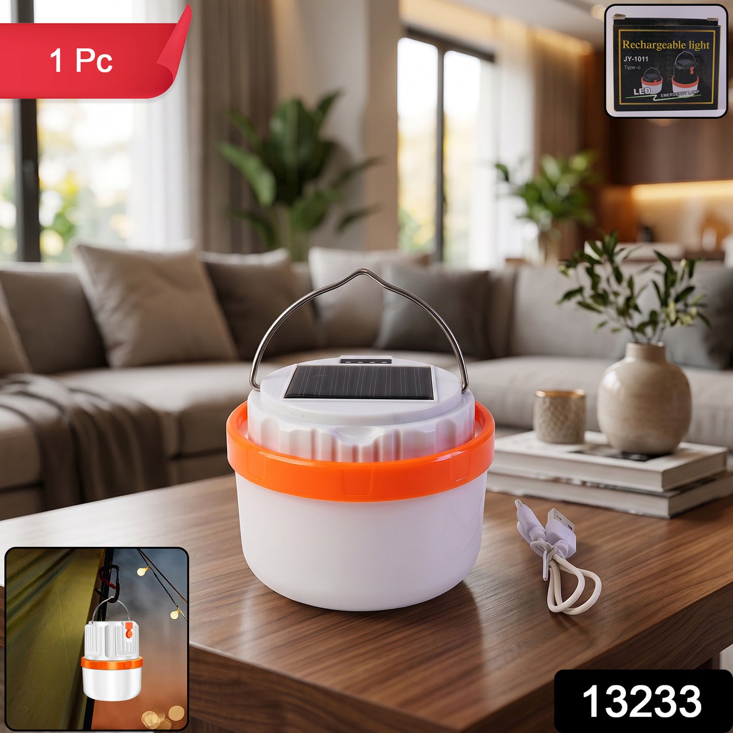 Solar Rechargeable LED Emergency Light Portable Camping Lantern Lamp (1 Pc) view 2
