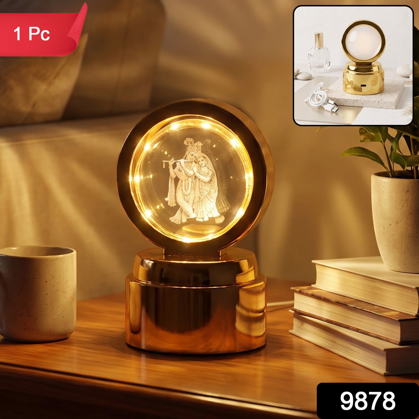 Radhe Krishna 3D Crystal Ball LED Table Showpiece for Home Decoration (1 Pc)