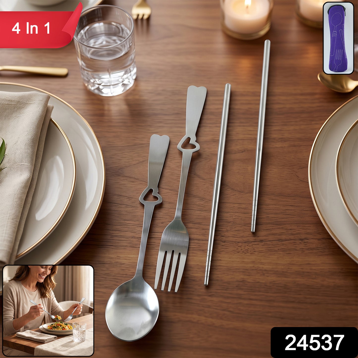 Portable Stainless Steel Cutlery Set with Spoon Fork Chopsticks Pouch (4 Pc Set)