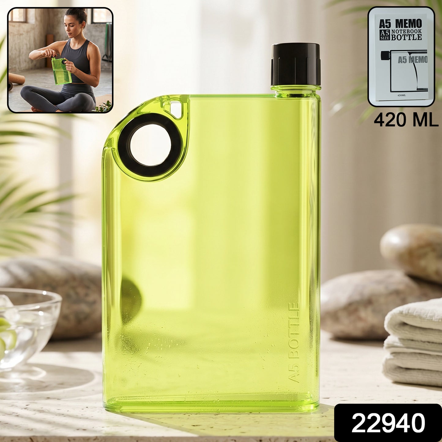 Side view of green portable water bottle with screw cap and finger loop