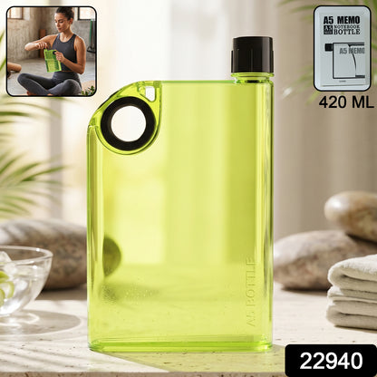 Side view of green portable water bottle with screw cap and finger loop
